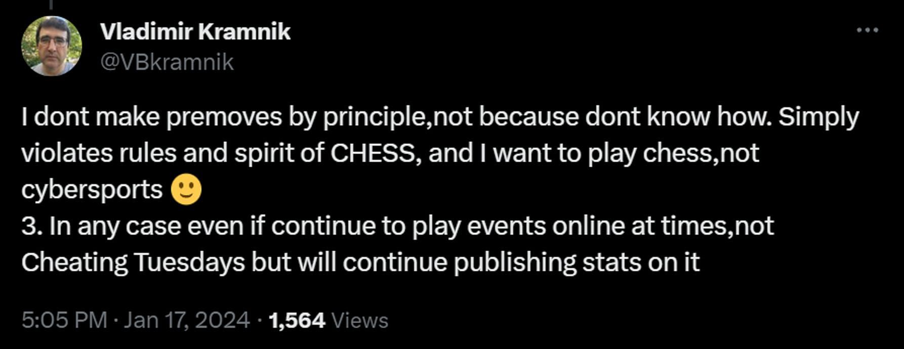 Kramnik goes off against Chess.com's Titled Tuesdays (Image via X/VBKramnik)